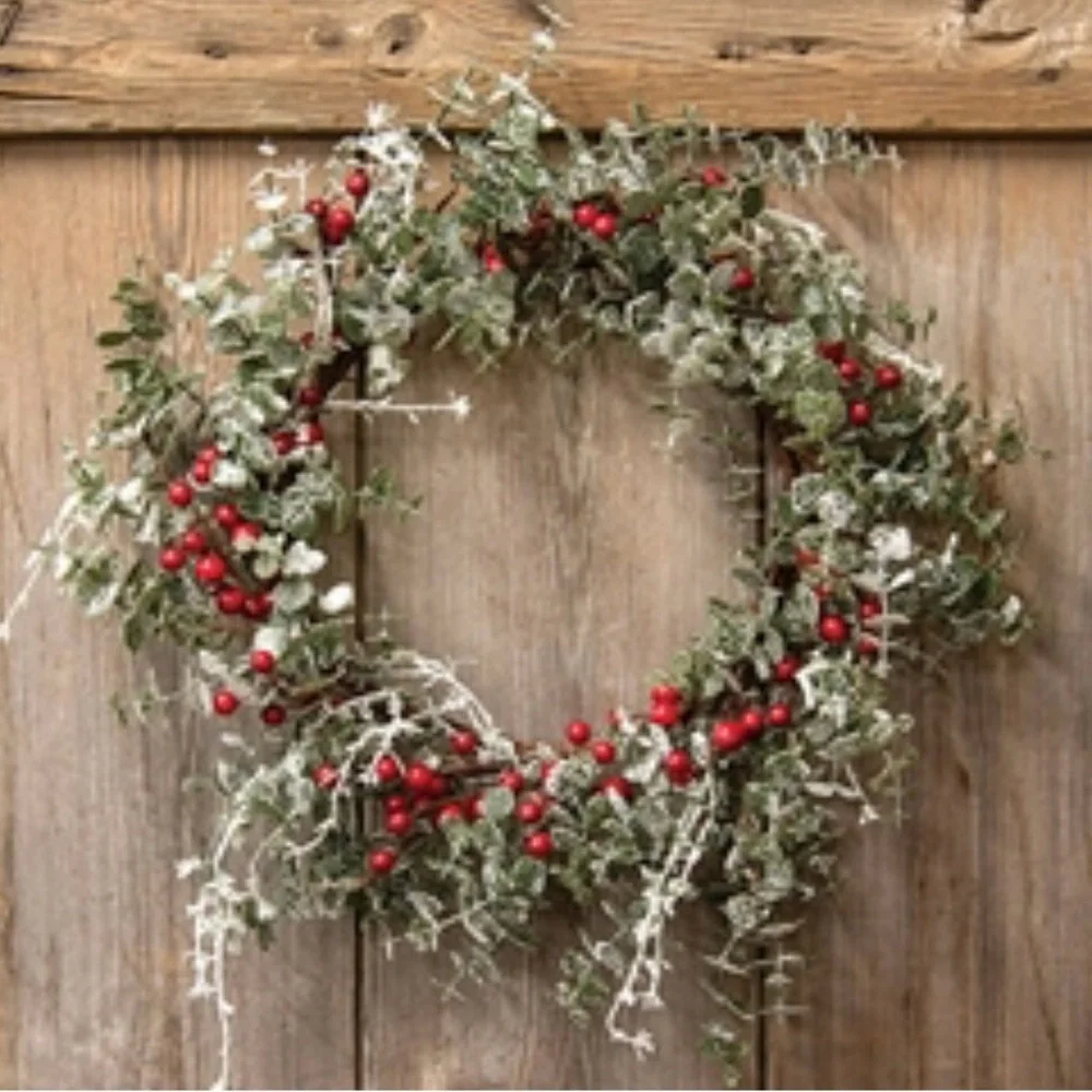 *Frosted Eucalyptus Wreath With Red Berries 16”